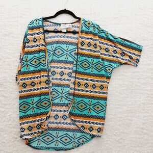 Kimono Blouse Jody Teal Orange Aztec Southwest Desert Cowgirl Tribal Boho Size L